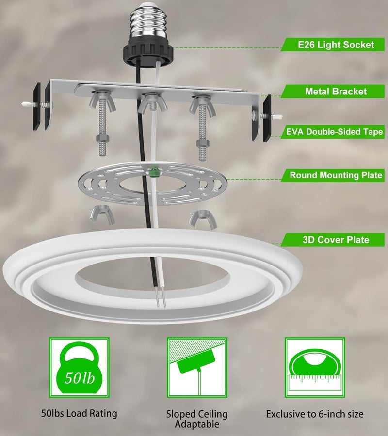 tebio 6-Inch Recessed Can Light Conversion Kit for Pendant Light or Ceiling Fan, Ceiling Fixture Adapter with 7¾" Decorative White Plastic Medallion, Retrofit Kit for 6" Recessed Housing - Image 4